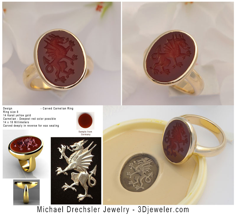 Carnelian Signet Ring with Carved Dragon