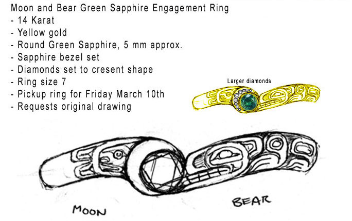 Bear && Diamond Moon with Green Sapphire Engagement Ring