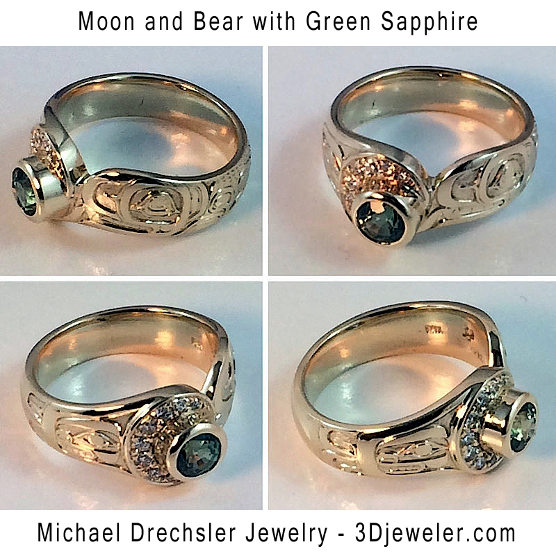 Bear && Diamond Moon with Green Sapphire Engagement Ring