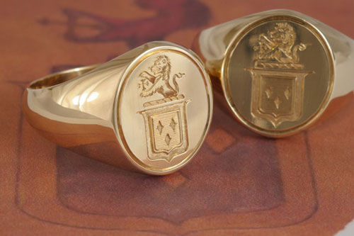 Hand Engraved Gold Signet Rings With Allen Family Crest