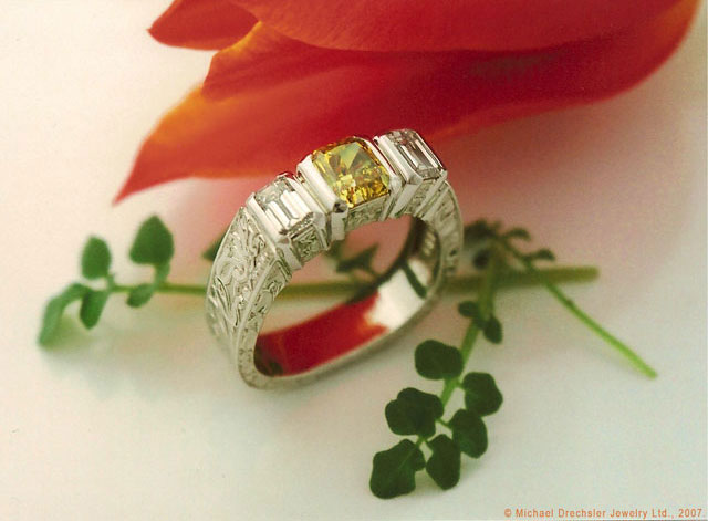 Hand Engraved Yellow and White Diamond Ring