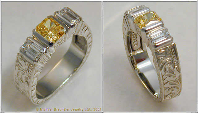 Hand Engraved Yellow and White Diamond Ring