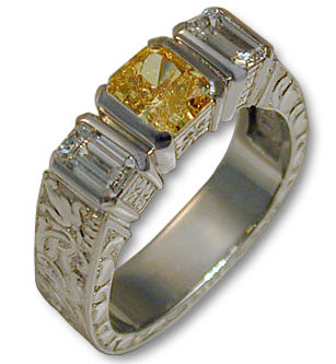 Hand Engraved Yellow and White Diamond Ring