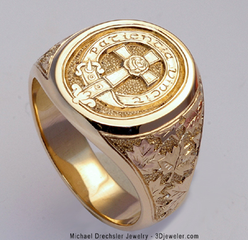 Gold Signet Ring with Clan Crest && Maple Leaf Shoulders