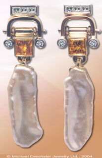 Freshwater Pearl && Orange Cultured Diamond Earrings