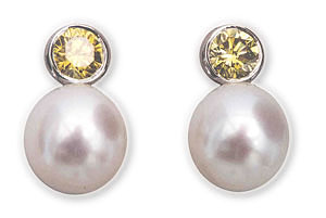 Created Yellow Diamond && Cultured Pearl Earrings