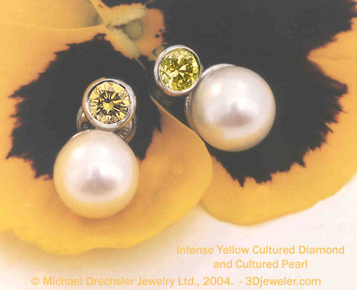 Created Yellow Diamond && Cultured Pearl Earrings