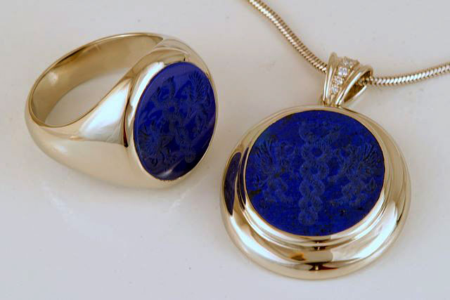 Carved Lapis Lazuli Crest Signet Ring