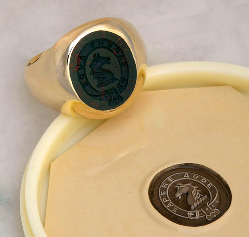 Bloodstone Signet Ring Carved with Jarvis Family Crest