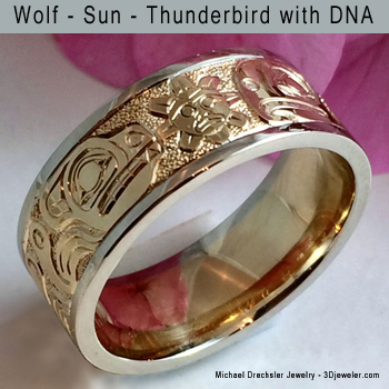 Wolf - Sun - Thunderbird with DNA Wedding Band