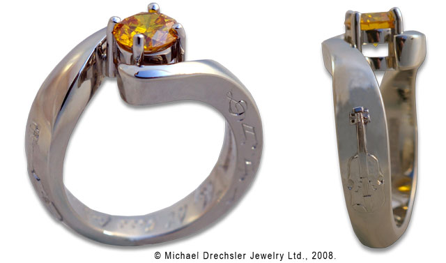 Hand Engraved Violin Ring with Created Yellow Diamond 