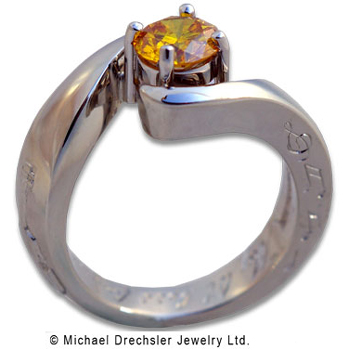 Hand Engraved Violin Ring with Created Yellow Diamond 