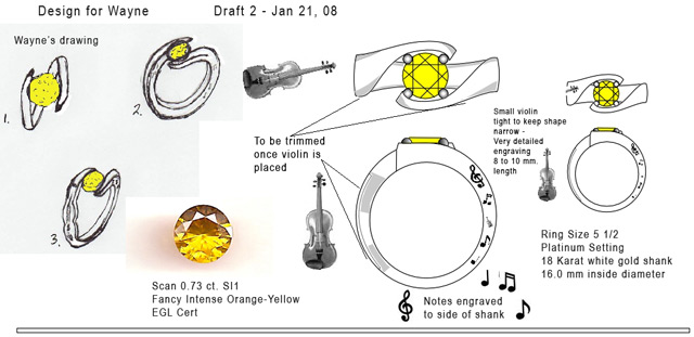 Hand Engraved Violin Ring with Created Yellow Diamond 