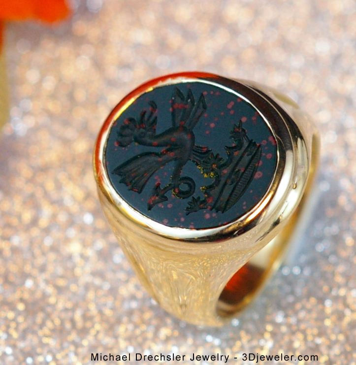 Bloodstone Signet Ring Carved with Willets Family Crest